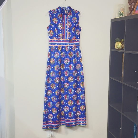 Vtg YVES JENNET Groovy 70s Blue Foral Polka Dot Sleeveless Maxi Dress - Picture 9 of 12